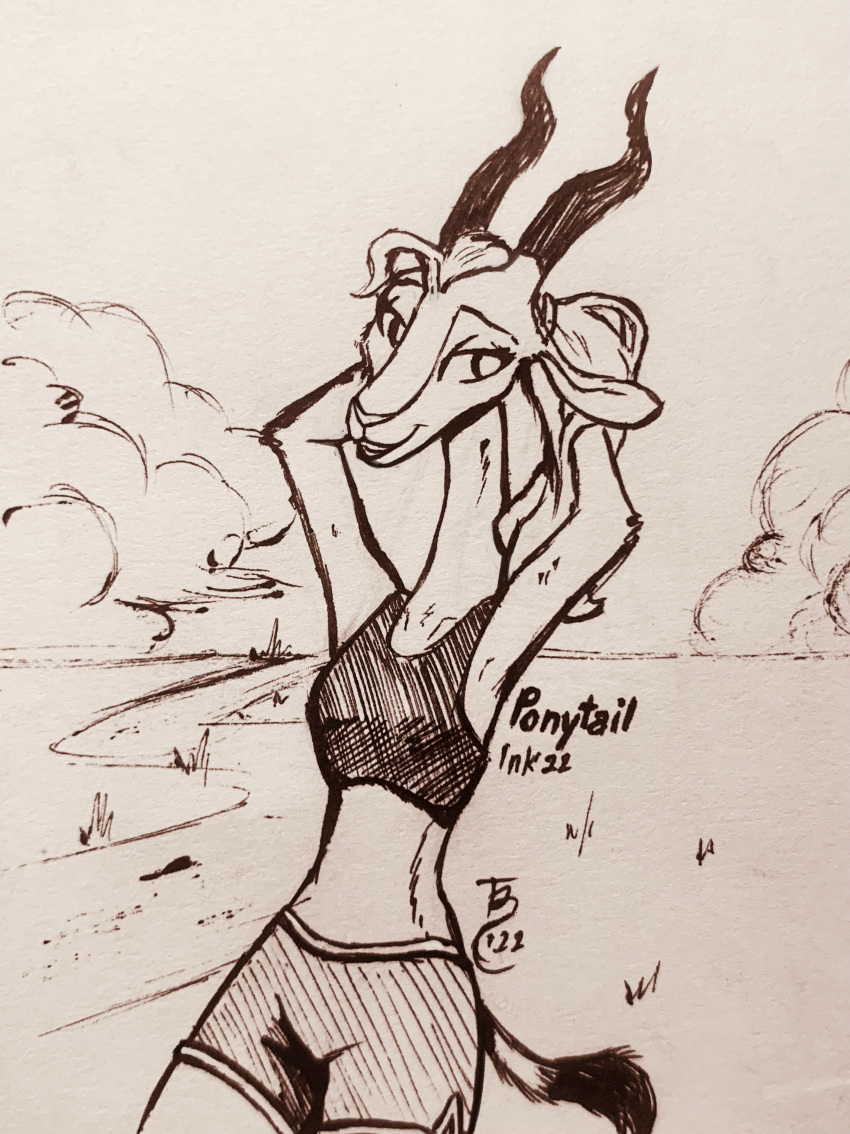 2022 absurd_res antelope anthro bovid clothed clothing disney female fully_clothed gazelle gazelle_(zootopia) hair hi_res horn inktober inktober_2022 mammal midriff monochrome outside solo theblueberrycarrots traditional_media_(artwork) zootopia