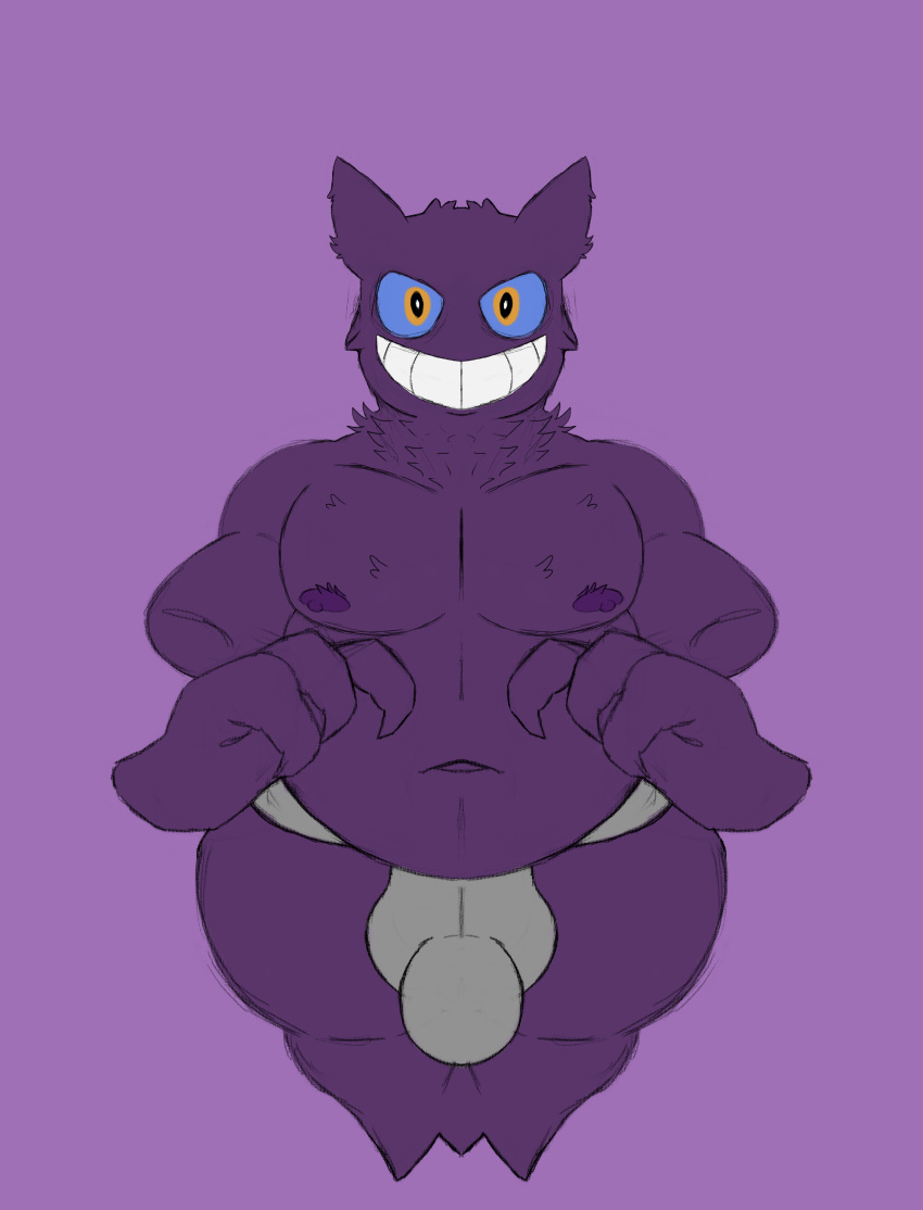 absurd_res anthro belly bulge chubby_male disembodied_hand fan_character floating generation_1_pokemon gengar ghost ghost_hands grin hi_res male multicolored_eyes musclegut nauiho neck_tuft nintendo nipples pecs perneh pokemon pokemon_(species) purple_body purple_nipples smile solo spirit teeth tuft video_games