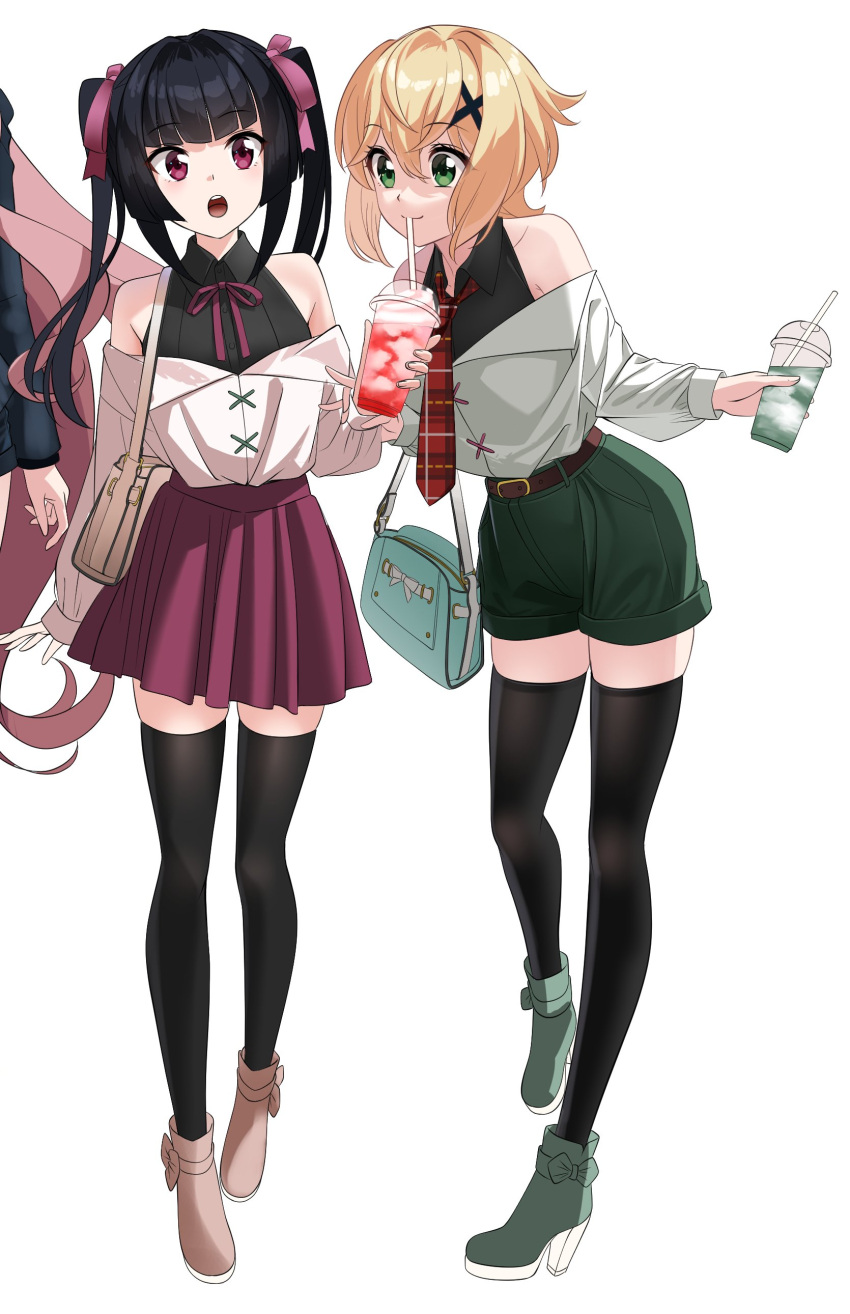 3girls absurdres akatsuki_kirika bag bare_shoulders belt black_hair black_jacket black_thighhighs blonde_hair blush brown_belt commentary_request cup disposable_cup drinking_straw green_eyes green_skirt handbag highres jacket leaning_forward long_hair maria_cadenzavna_eve multiple_girls necktie nyanmaru off_shoulder pink_hair plaid_necktie red_eyes red_skirt senki_zesshou_symphogear short_twintails skindentation skirt teeth thighhighs thighs tongue tsukuyomi_shirabe twintails upper_teeth very_long_hair white_background zettai_ryouiki