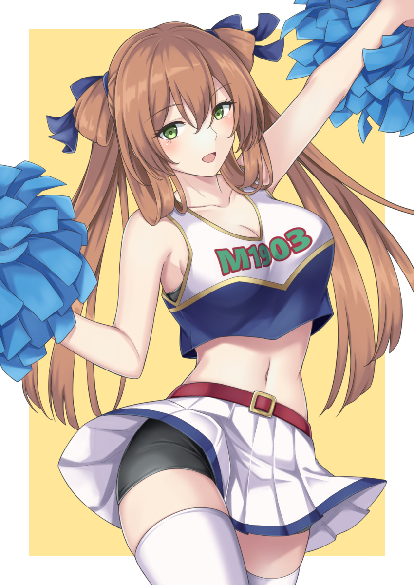 1girl bike_shorts bike_shorts_under_skirt black_shorts breasts brown_hair cheering cheerleader clothes_writing cowboy_shot crop_top girls'_frontline green_eyes hair_between_eyes hair_ribbon highres holding holding_pom_poms large_breasts long_hair midriff miniskirt navel pleated_skirt pom_pom_(cheerleading) rei_(09991) ribbon shorts sidelocks skirt solo springfield_(girls'_frontline) standing thighhighs twintails white_skirt white_thighhighs