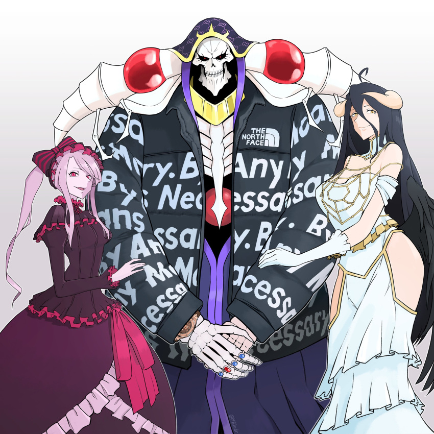 1boy 2girls absurdres ainz_ooal_gown albedo_(overlord) artist_name bangs black_hair black_wings bow breasts commentary commission demon_horns dress drip_(meme) english_commentary fang feathered_wings frilled_dress frills gloves gothic_lolita grey_background hair_between_eyes hair_bow highres horns jacket lich light_purple_hair lolita_fashion long_hair looking_at_viewer low_horns low_wings meme multiple_girls off-shoulder_dress off_shoulder overlord_(maruyama) pale_skin ponytail purple_bow purple_dress red_bow red_eyes shalltear_bloodfallen simple_background skeleton skin_fang slit_pupils smile striped striped_bow swept_bangs the_north_face twitter_username vampire very_long_hair white_dress white_gloves white_horns wings yblndr yellow_eyes