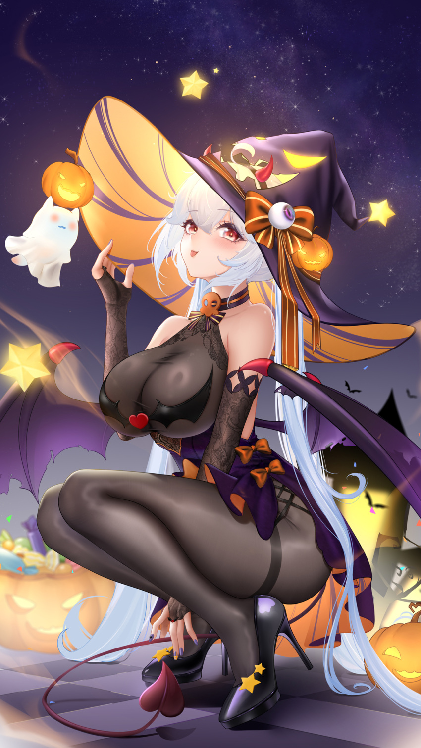 1girl :p bangs bare_shoulders between_legs black_footwear blush breasts bridal_gauntlets brown_bodysuit checkered_floor demon_tail demon_wings duplicate full_body ghost hair_between_eyes hand_between_legs hand_on_headwear hat high_heels highres jack-o'-lantern large_breasts liu_liaoliao long_hair night night_sky original pixel-perfect_duplicate red_eyes sky solo squatting star_(symbol) tail tongue tongue_out twintails very_long_hair white_hair wings witch_hat