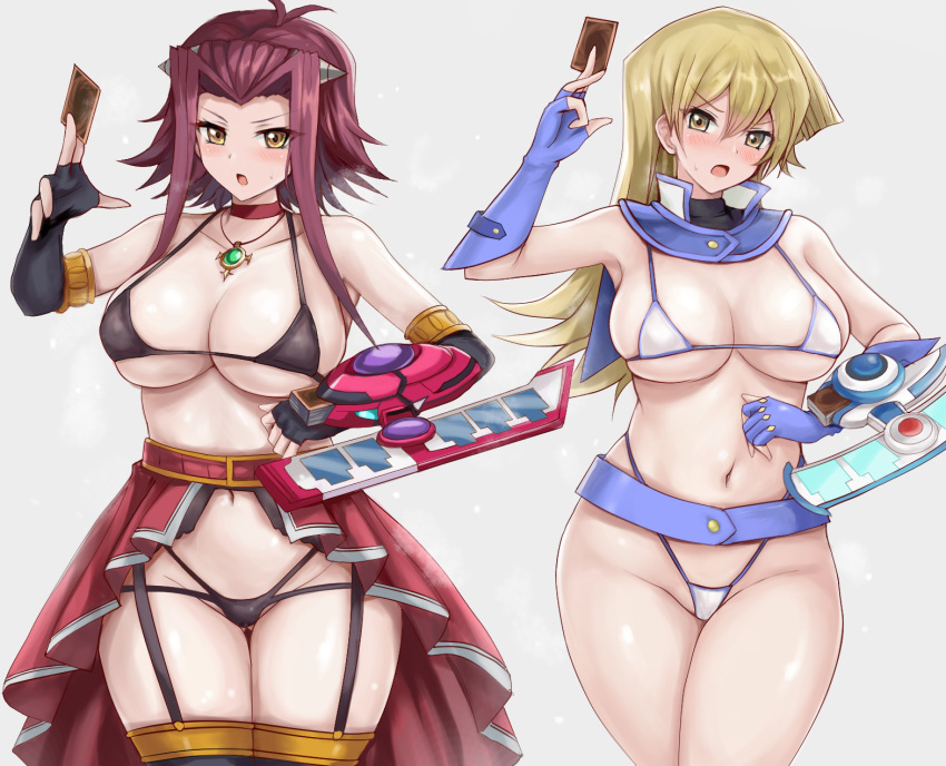 2girls :o antenna_hair ass_visible_through_thighs bare_shoulders belt between_fingers bikini black_bikini black_gloves black_thighhighs blonde_hair blue_belt blue_gloves blush breasts card choker cleavage collarbone detached_collar duel_disk elbow_gloves fingerless_gloves garter_straps gloves highres holding holding_card izayoi_aki jewelry large_breasts long_hair looking_at_viewer looking_back micro_bikini multiple_girls navel necklace open_mouth r-binon red_choker red_hair revision short_hair_with_long_locks showgirl_skirt sidelocks simple_background swimsuit tenjouin_asuka thigh_gap thighhighs v-shaped_eyebrows waist_cape white_background yellow_eyes yu-gi-oh! yu-gi-oh!_5d's yu-gi-oh!_gx