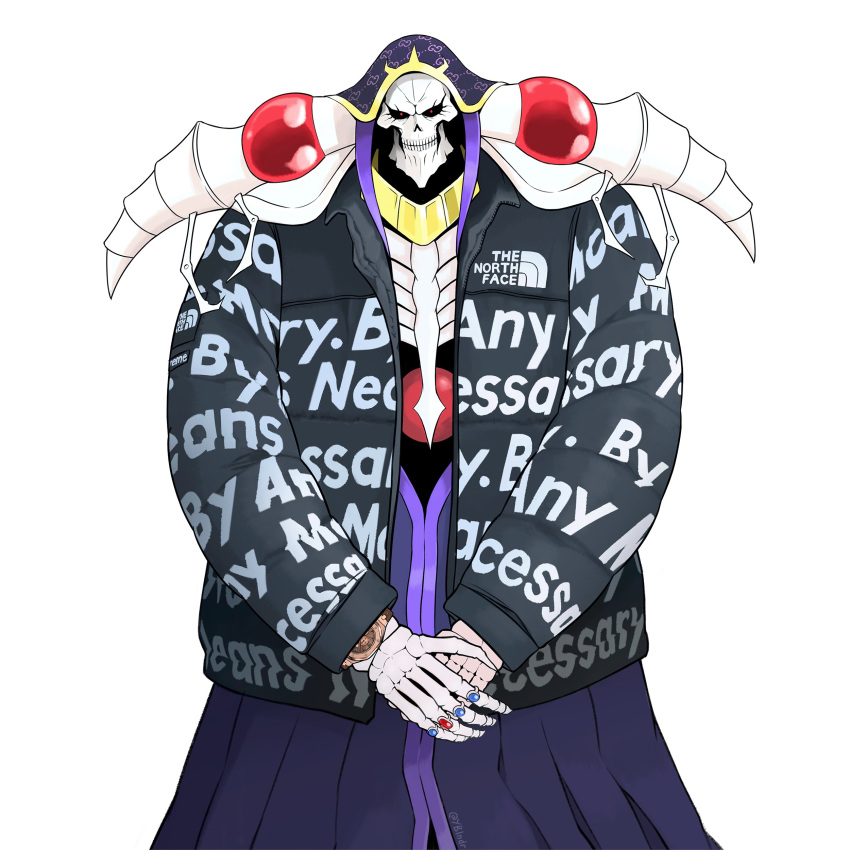 1boy absurdres ainz_ooal_gown artist_name black_jacket commentary commission drip_(meme) english_commentary flower highres jacket jewelry lich looking_at_viewer meme overlord_(maruyama) own_hands_together purple_flower purple_rose red_eyes ring rose skeleton skull straight-on the_north_face upper_body watch yblndr