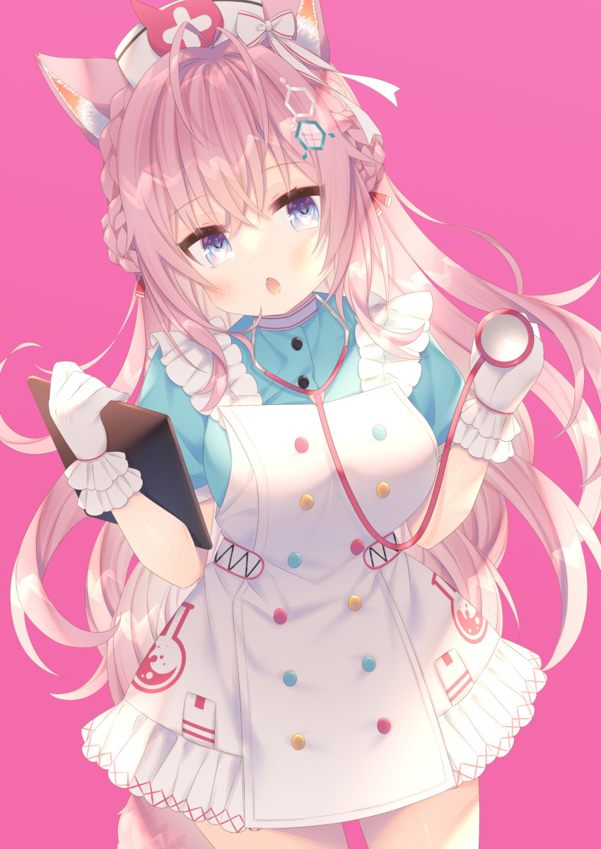 1girl animal_ear_fluff animal_ears anju_(mocomocousagi) antenna_hair apron blue_eyes blue_shirt cowboy_shot fox_ears hair_ornament hakui_koyori highres holding_stethoscope hololive long_hair looking_at_viewer pink_background pink_hair shirt simple_background solo virtual_youtuber wolf_ears wolf_girl