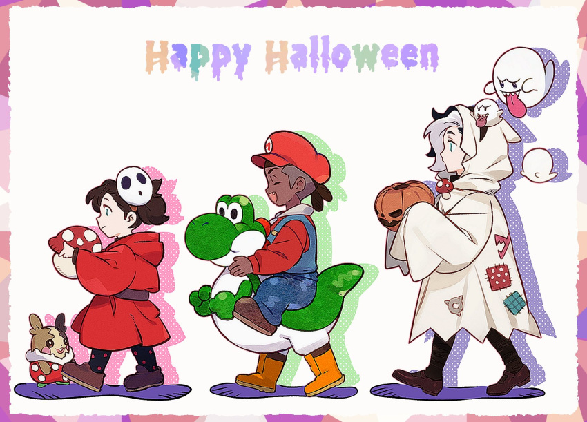 1girl 2boys :d aged_down black_hair boo_(mario) boots brown_footwear closed_eyes closed_mouth commentary cosplay crossover dark-skinned_male dark_skin fang from_side happy_halloween hat highres holding jack-o'-lantern long_sleeves mario_(series) marnie_(pokemon) mask mask_on_head morpeko morpeko_(full) multiple_boys mushroom open_mouth piers_(pokemon) pokemon pokemon_(game) pokemon_swsh raihan_(pokemon) red_headwear shoes short_hair shy_guy shy_guy_(cosplay) smile standing yoshi zigzagdb