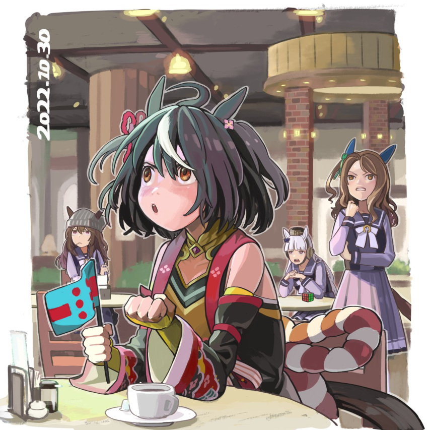 4girls animal_ears bangs beanie black_hair blunt_bangs bow bowtie brown_eyes brown_hair brown_headwear coffee_cup cup dated detached_sleeves disposable_cup ear_covers ears_through_headwear flag from_yaneura gold_ship_(umamusume) grey_hair grey_headwear hair_bow hat highres holding holding_flag horse_ears horse_girl horse_tail king_halo_(umamusume) kitasan_black_(umamusume) long_hair long_sleeves multicolored_hair multiple_girls nakayama_festa_(umamusume) pillbox_hat pleated_skirt purple_eyes purple_serafuku purple_shirt purple_skirt red_eyes rubik's_cube sailor_collar sailor_shirt school_uniform serafuku shirt short_hair sitting skirt streaked_hair table tail tracen_school_uniform umamusume white_bow white_bowtie white_hair