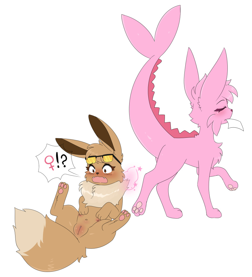 2022 absurd_res after_transformation alternate_species black_nose brown_body brown_fur eevee eeveelution espeon eyewear female female_symbol feral fur gender_symbol generation_1_pokemon generation_2_pokemon genitals hi_res jaki-kun_(character) kipaki nintendo open_mouth pawpads pink_body pink_fur pokemon pokemon_(species) pussy shocked simple_background spread_legs spreading sunglasses symbol video_games walking white_background