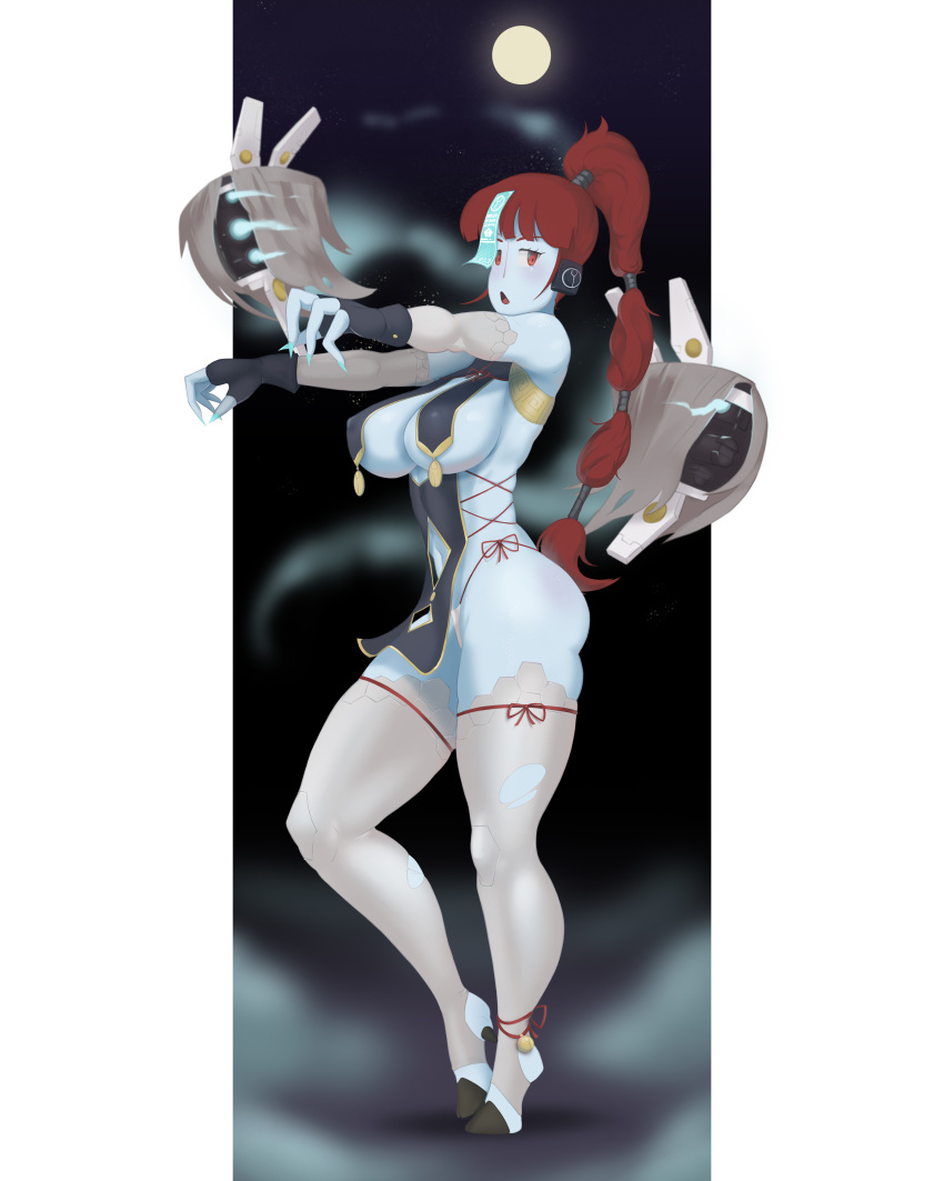 1girl absurdres alien alternate_breast_size blue_skin breasts colored_skin english_commentary full_body halloween halloween_costume highres hooves jiangshi large_breasts no_nose robot_jones_(artist) shadowsun solo t'au warhammer_40k