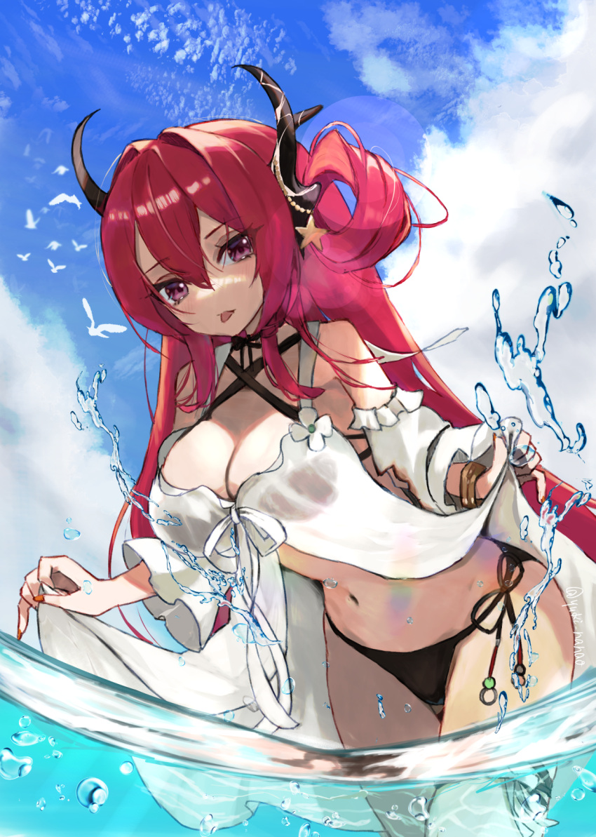 1girl :p arknights bangs bare_shoulders bikini black_bikini black_ribbon blue_sky bracelet breasts cleavage criss-cross_halter day detached_sleeves hair_intakes hair_ornament hair_rings halterneck highres holding horns jewelry large_breasts leaning_forward long_hair long_sleeves looking_at_viewer navel official_alternate_costume outdoors purple_eyes red_hair ribbon side-tie_bikini_bottom sky solo star_(symbol) star_hair_ornament surtr_(arknights) surtr_(colorful_wonderland)_(arknights) swimsuit swimsuit_cover-up thigh_strap tongue tongue_out very_long_hair wading_pool water yuki_(nanao_yuki)