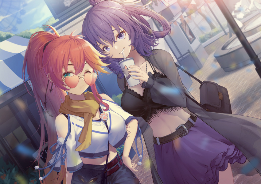 2girls bag blue_hair breasts cup denim disposable_cup drinking eiyuu_densetsu fountain green_eyes hair_bun handbag jeans judith_ranster kuro_no_kiseki lancefate large_breasts long_hair looking_at_viewer multiple_girls one_eye_closed outdoors pants ponytail purple_eyes red_hair rixia_mao skirt smile sunglasses umbrella