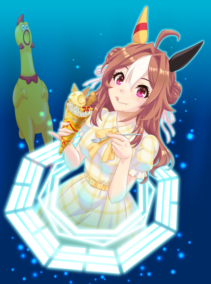 1girl ahoge bagua bangs bow bowtie brown_hair casual commentary copano_rickey_(umamusume) cowboy_shot crepe double_bun dress ear_covers food fruit glowing hair_between_eyes hair_bun hair_ribbon highres holding holding_food holding_spoon light_particles long_hair multicolored_hair portal_(object) puffy_short_sleeves puffy_sleeves purple_eyes ribbon rubber_chicken short_sleeves solo spoon strawberry tongue tongue_out toy trigram two-tone_hair umajiri_gyuunyuu umamusume whipped_cream white_hair white_ribbon yellow_belt yellow_bow yellow_bowtie yellow_dress