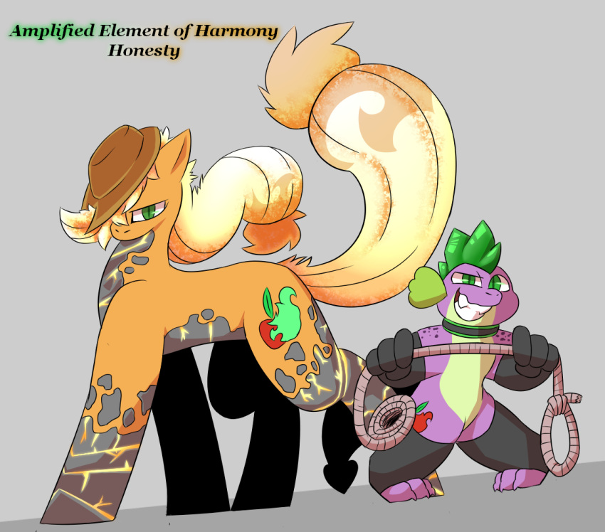 anthro applejack_(mlp) armwear clothing collar cutie_mark dragon duo earth_pony equid equine female feral friendship_is_magic hair hasbro horse lasso lava legwear male mammal my_little_pony pony ponytail smile spike_(mlp) transformation unik