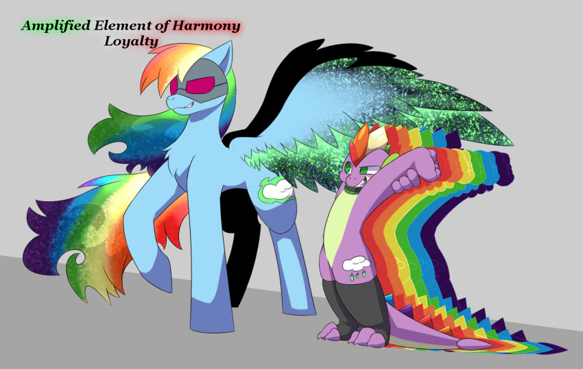 anthro clothing collar cutie_mark dragon duo equid equine female feral friendship_is_magic hasbro hi_res legwear magic male mammal mask my_little_pony pegasus rainbow_dash_(mlp) smile spike_(mlp) transformation unik wings