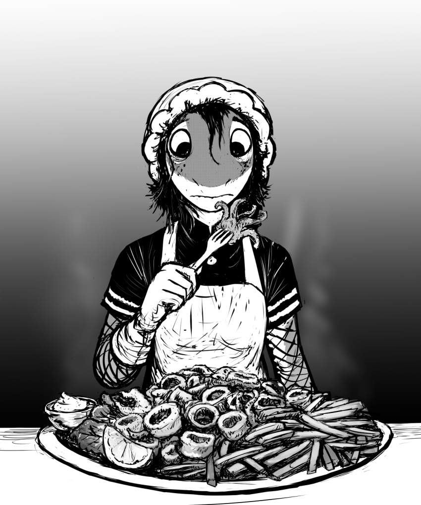 2022 anthro apron calamari_(food) clothing cutlery female fish fishnet fishnet_armwear food fork greyscale hi_res hladilnik kitchen_utensils lemon lonely_shark marine monochrome shark tools