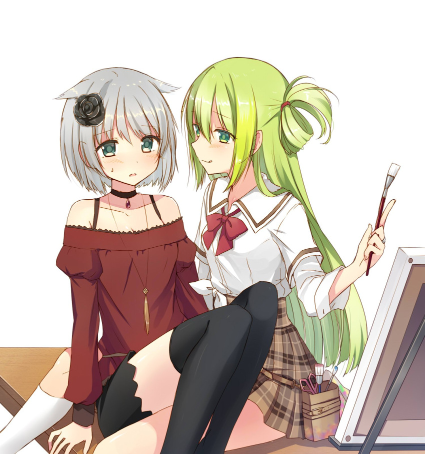 2girls alina_gray aqua_eyes azusa_mifuyu bangs belt_pouch black_shorts blunt_ends blush bow bowtie breasts brown_skirt buttons canvas_(object) choker flower green_hair grey_hair hair_between_eyes hair_flower hair_ornament hair_rings highres holding holding_paintbrush kyabechi layered_sleeves long_hair long_sleeves loose_bowtie loose_socks magia_record:_mahou_shoujo_madoka_magica_gaiden mahou_shoujo_madoka_magica miniskirt multicolored_hair multiple_girls open_mouth paint_stains paintbrush plaid plaid_skirt pouch rag red_bow red_bowtie red_wristband sakae_general_school_uniform school_uniform shirt short_hair short_over_long_sleeves short_sleeves shorts side-tie_shirt sidelocks skirt sleeve_cuffs sleeves_rolled_up small_breasts smile socks straight_hair streaked_hair thighhighs very_long_hair white_shirt white_socks wing_collar wristband