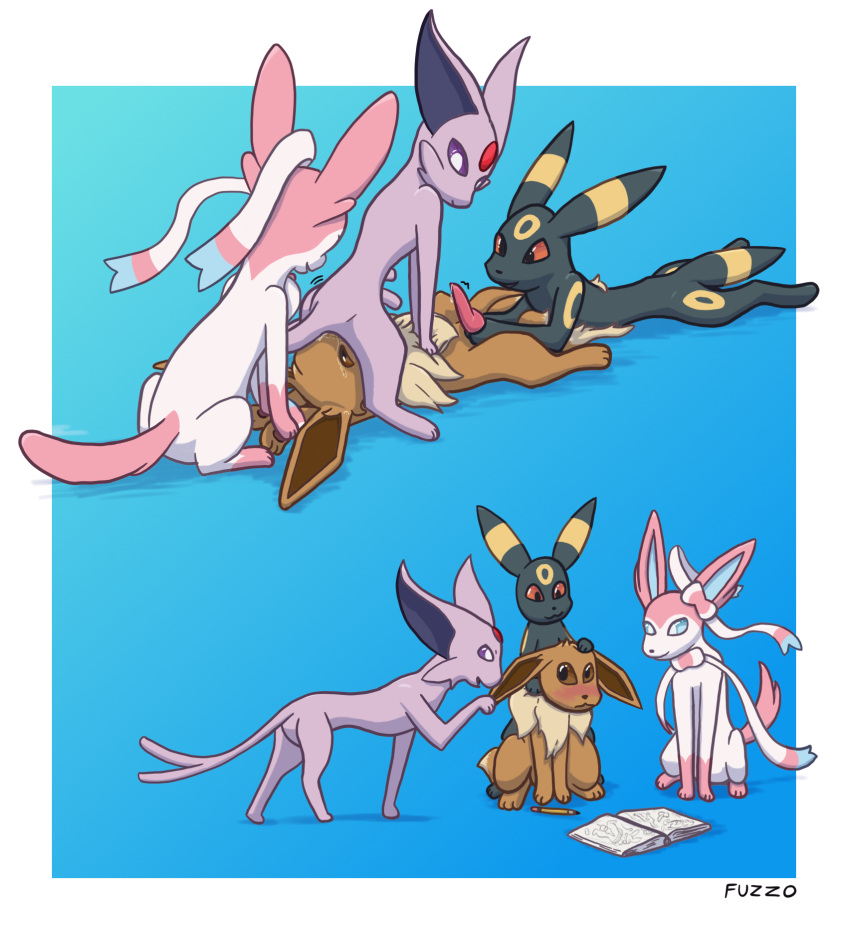 ambiguous_gender animal_genitalia animal_penis black_body blue_background book border brown_body brown_eyes canine_penis eevee eeveelution espeon facesitting feral frown fuzzo generation_1_pokemon generation_2_pokemon generation_6_pokemon genitals group hi_res looking_at_genitalia looking_at_penis male nintendo penis penis_grab pink_body pokemon pokemon_(species) red_eyes simple_background sylveon umbreon video_games white_body white_border