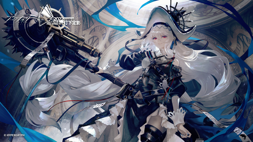 1girl arknights bangs banpai_akira black_dress black_headwear blue_nails circular_saw commentary company_name copyright copyright_name dress floating_hair grey_hair hat highres holding holding_weapon long_hair looking_at_viewer official_art red_eyes smile solo specter_(arknights) specter_the_unchained_(arknights) very_long_hair weapon