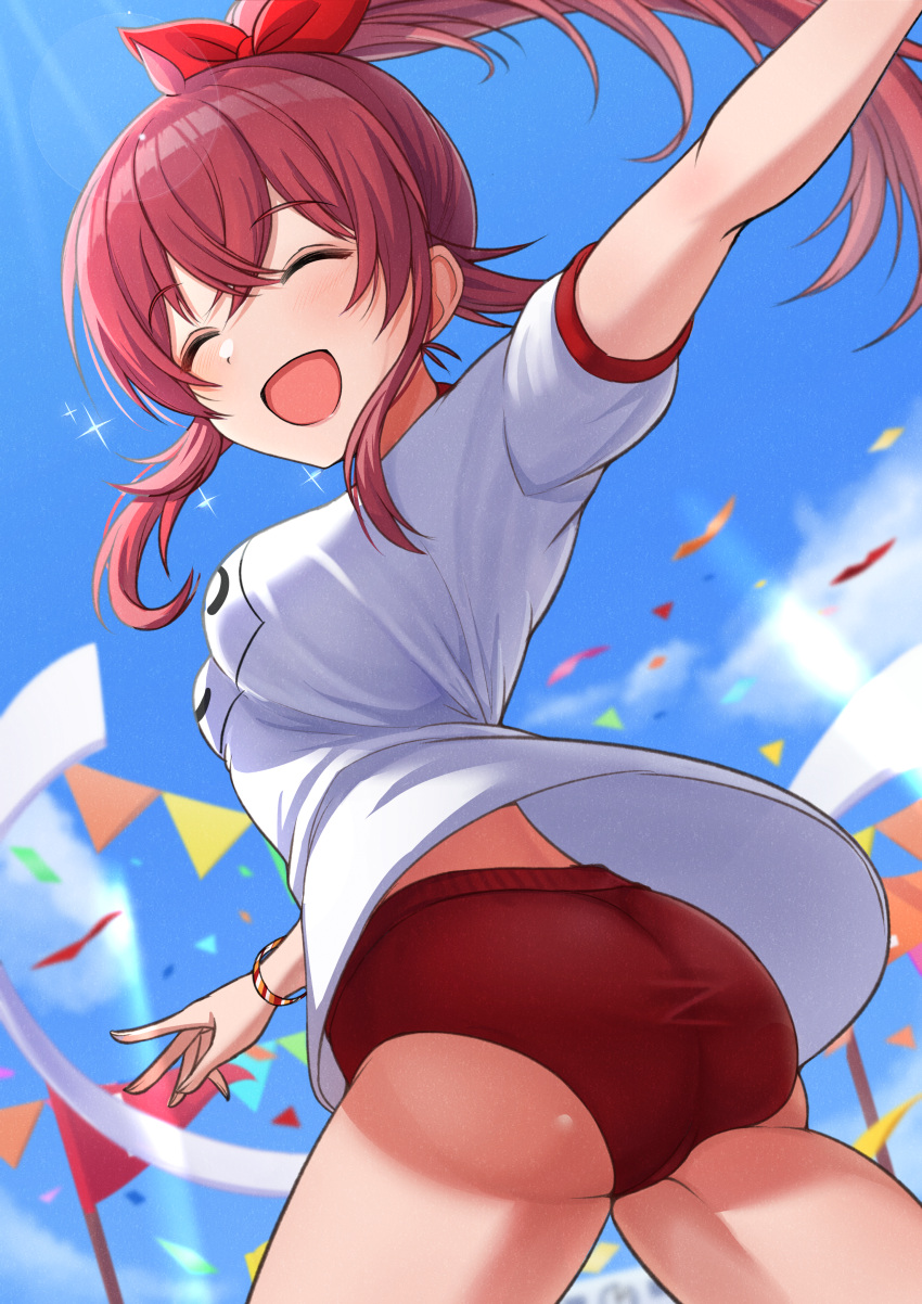 1girl absurdres ahoge ass bangs blue_sky bracelet breasts buruma closed_eyes cloud commentary confetti day flag gym_uniform hair_ribbon highres idolmaster idolmaster_shiny_colors jewelry komiya_kaho large_breasts light_blush long_hair looking_back open_mouth osoba_susurukun outdoors outstretched_arm ponytail red_buruma red_eyes red_ribbon ribbon running shirt short_sleeves sidelocks sky smile solo sparkle sports_festival t-shirt thighs white_shirt