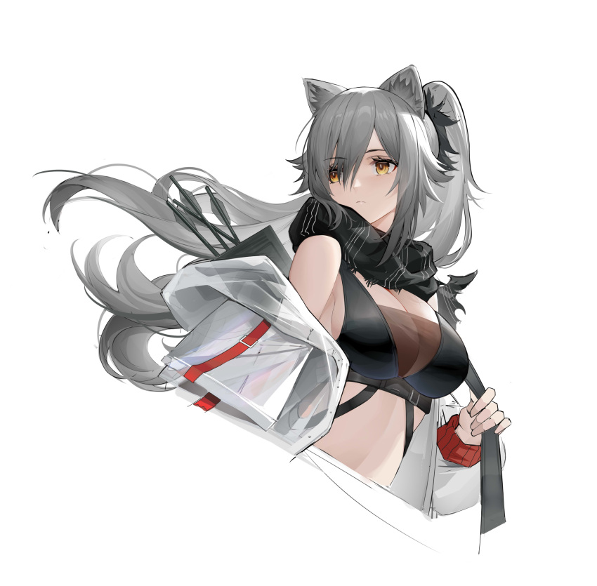 1girl absurdres animal_ears arknights bangs bare_shoulders black_scarf breasts cat_ears cleavage commentary_request crop_top cropped_torso grey_hair hair_over_one_eye highres jacket large_breasts long_hair midriff off_shoulder ponytail scarf schwarz_(arknights) shenqi_xiao_hong_zai_nali simple_background solo stomach upper_body very_long_hair white_background white_jacket yellow_eyes