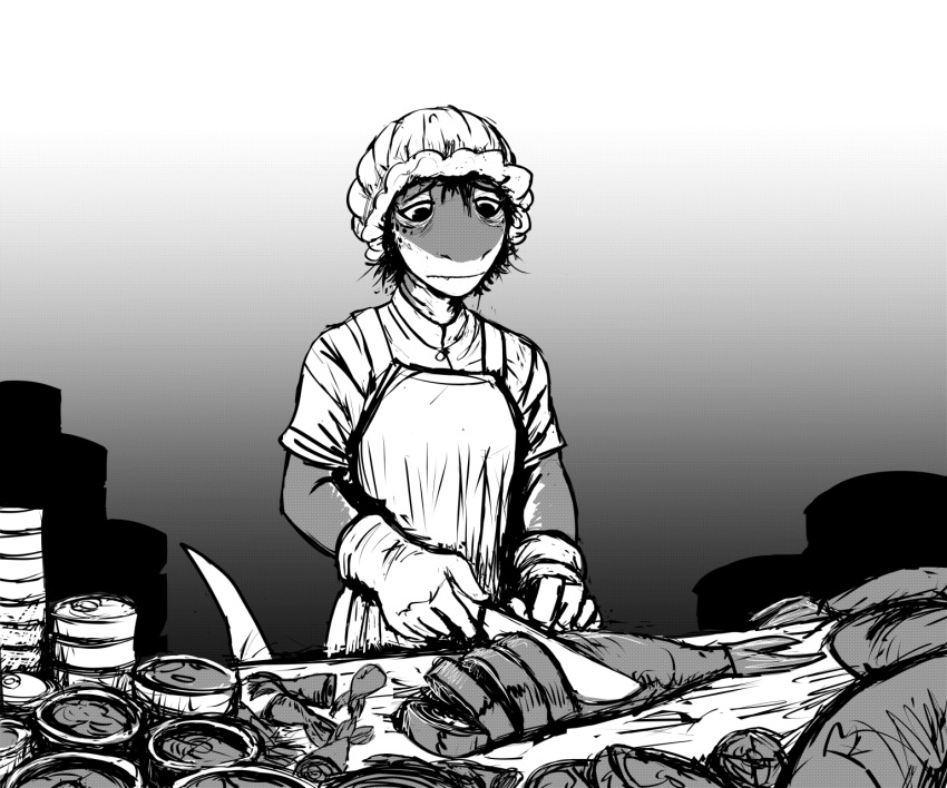 2022 anthro apron clothing cutting female fish fish_meat food gloves greyscale handwear hi_res hladilnik knife lonely_shark marine meat monochrome sad shark solo