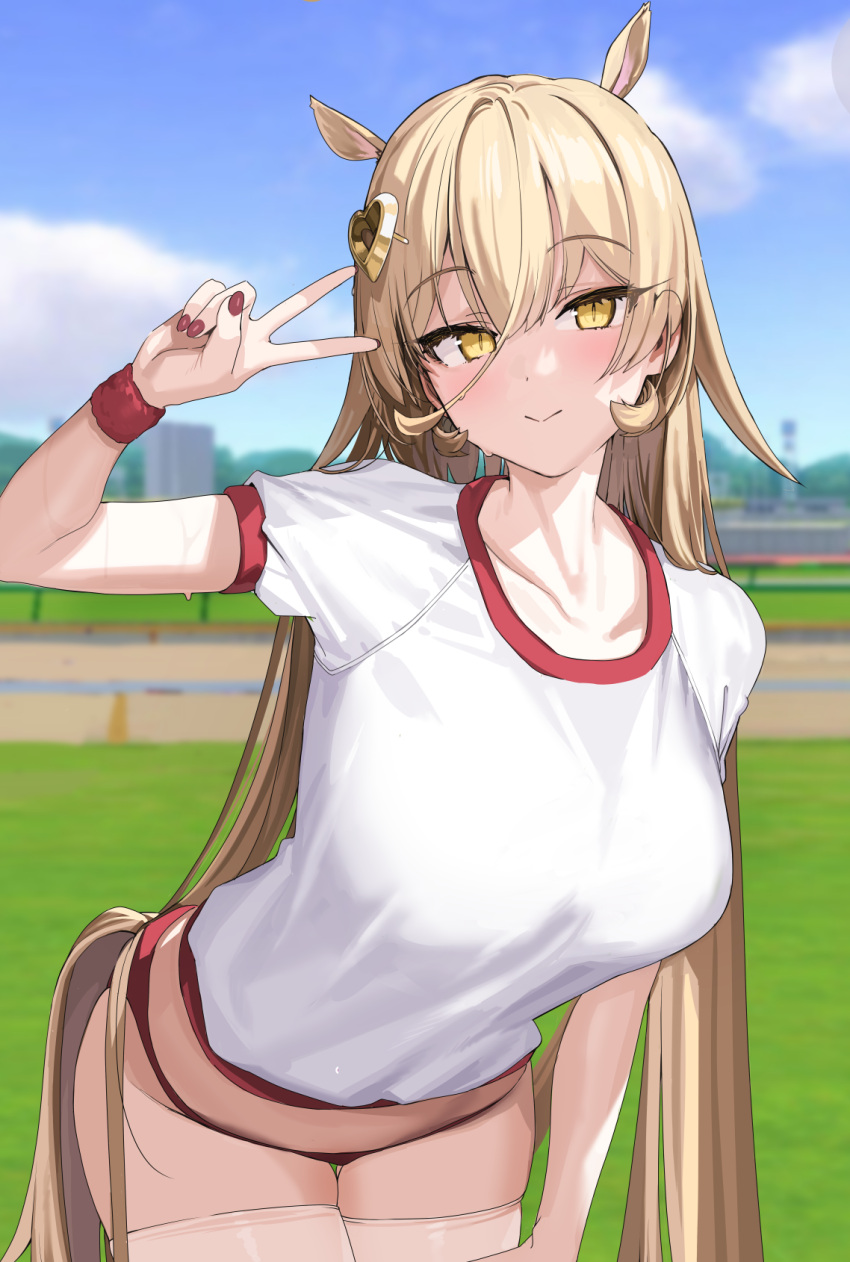 1girl animal_ears arm_up bangs blonde_hair blue_sky blurry blurry_background breasts buruma cloud collarbone commentary_request day depth_of_field grass groin gym_shirt gym_uniform hair_between_eyes hair_ornament heart heart_hair_ornament highres horse_ears horse_girl horse_tail kanzarin kemonomimi_mode leaning_forward long_hair medium_breasts midriff nail_polish nijisanji nui_sociere outdoors puffy_short_sleeves puffy_sleeves red_buruma red_nails shirt short_sleeves skindentation sky solo tail thighhighs v very_long_hair virtual_youtuber white_shirt white_thighhighs yellow_eyes