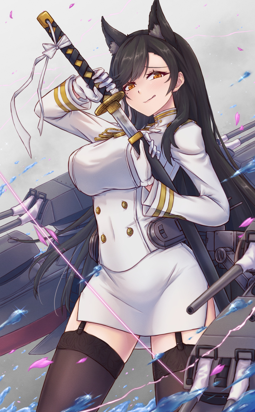1girl :q animal_ears artillery atago_(azur_lane) azur_lane black_garter_straps black_hair breasts brown_thighhighs buttons cowboy_shot dog_ears double-breasted extra_ears gloves grey_background half_gloves highres holding holding_sword holding_weapon jacket katana large_breasts long_hair long_sleeves looking_at_viewer military military_uniform miniskirt mole mole_under_eye pencil_skirt rigging sheath simple_background skirt solo sword thighhighs tongue tongue_out turret uniform unsheathing very_long_hair waa!_okami weapon white_gloves white_jacket white_skirt yellow_eyes zettai_ryouiki