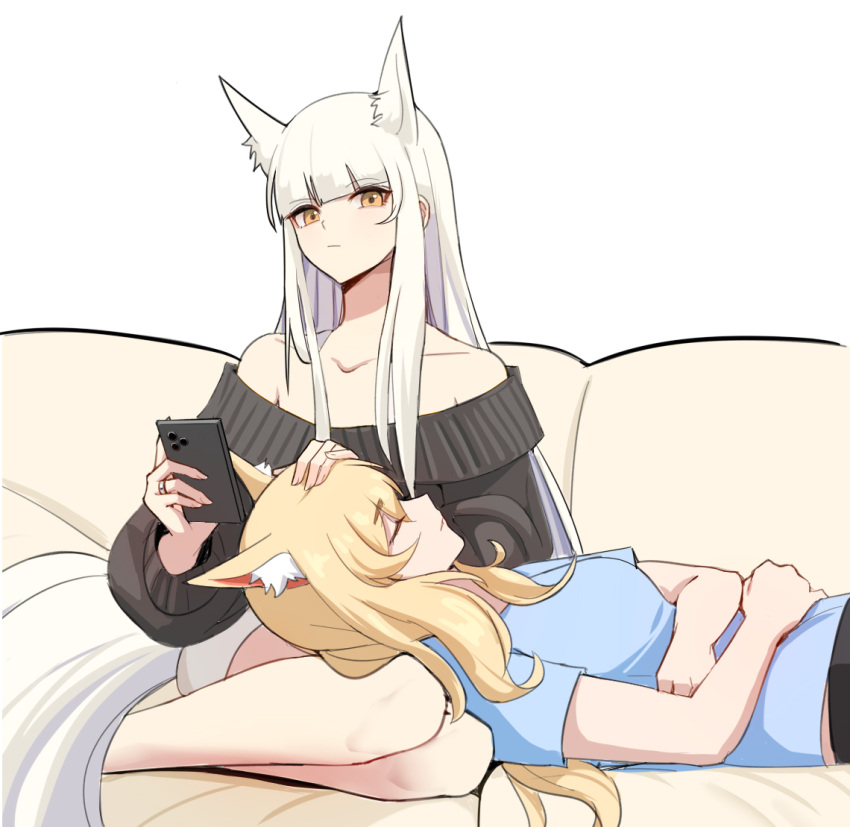 2girls animal_ear_fluff animal_ears arknights bare_shoulders black_sweater blue_shirt breasts collarbone couch extra_ears headpat holding holding_phone horse_ears horse_girl horse_tail lap_pillow looking_at_viewer lying multiple_girls nearl_(arknights) off-shoulder_sweater off_shoulder on_back on_couch phone platinum_(arknights) shirt sidelocks simple_background sitting sleeping small_breasts supershrimpcakes sweater t-shirt tail white_background yellow_eyes yuri