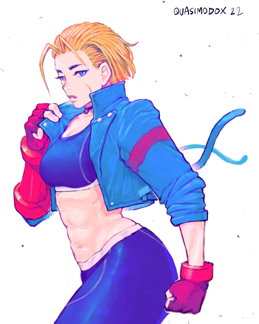 1girl abs absurdres antenna_hair blonde_hair blue_eyes blue_jacket blue_pants blue_sports_bra breasts cammy_white choker clenched_hand cropped_jacket fingerless_gloves gloves highres jacket medium_breasts midriff muscular muscular_female pants quasimodox red_gloves scar scar_on_cheek scar_on_face short_hair single_vambrace solo sports_bra street_fighter street_fighter_6 thick_thighs thighs vambraces yoga_pants