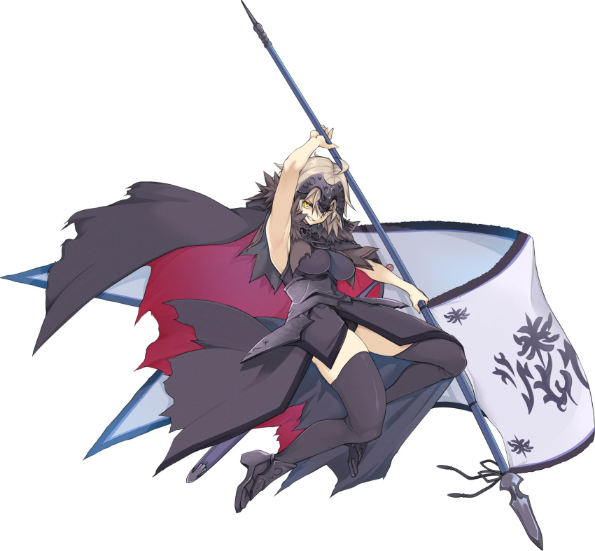 10mo 1girl ahoge armpits bare_arms blonde_hair breasts cape chain fate/grand_order fate_(series) fur_trim headpiece highres jeanne_d'arc_alter_(fate) jumping large_breasts looking_at_viewer short_hair smirk solo standard_bearer thighhighs torn_clothes white_background yellow_eyes zettai_ryouiki