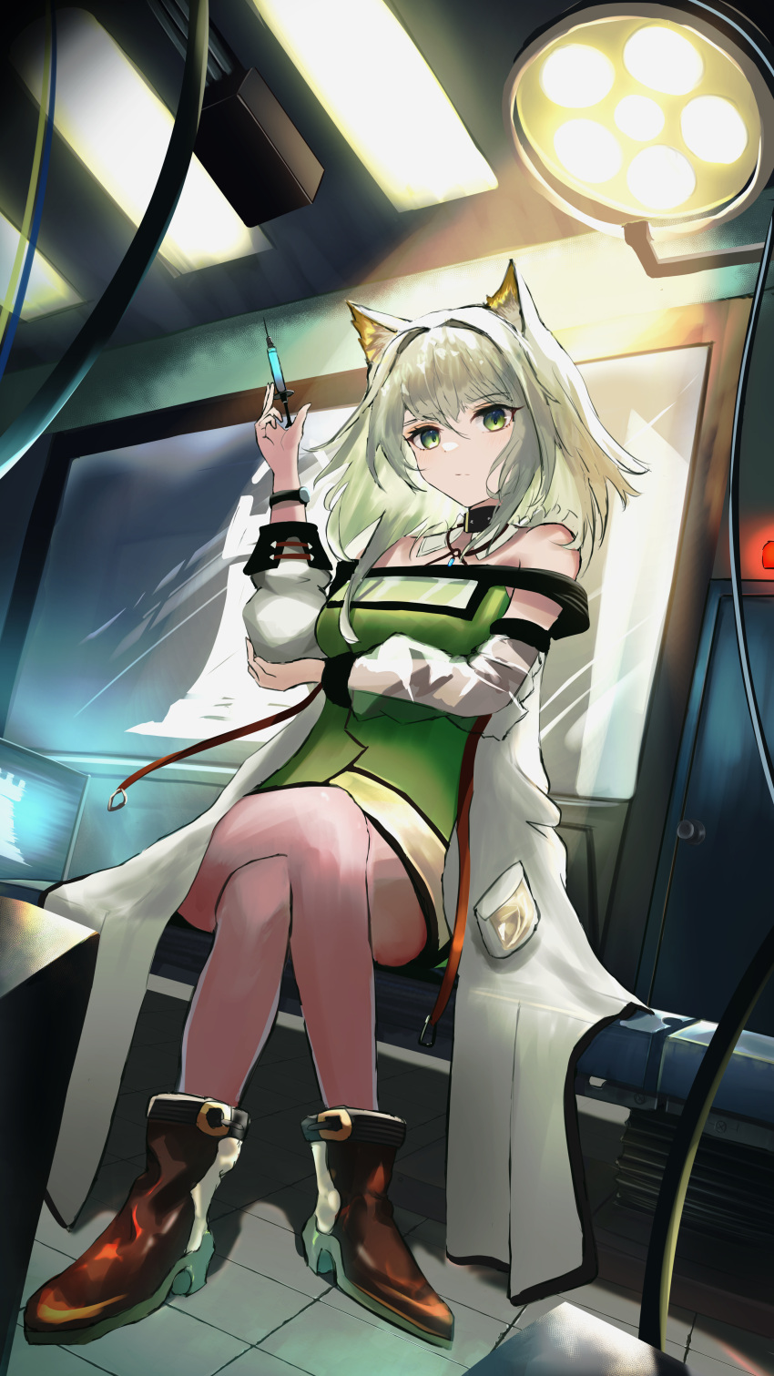 1girl absurdres animal_ear_fluff animal_ears arknights boots brown_footwear cable cat_ears ceiling_light closed_mouth coat collar commentary crossed_legs dress expressionless full_body green_dress green_eyes high_heel_boots high_heels highres holding holding_syringe kal'tsit_(arknights) long_sleeves looking_at_viewer medium_hair open_clothes open_coat pocket rhodes_island_logo sitting solo syringe wanko0304 watch white_coat white_collar white_hair window wristwatch