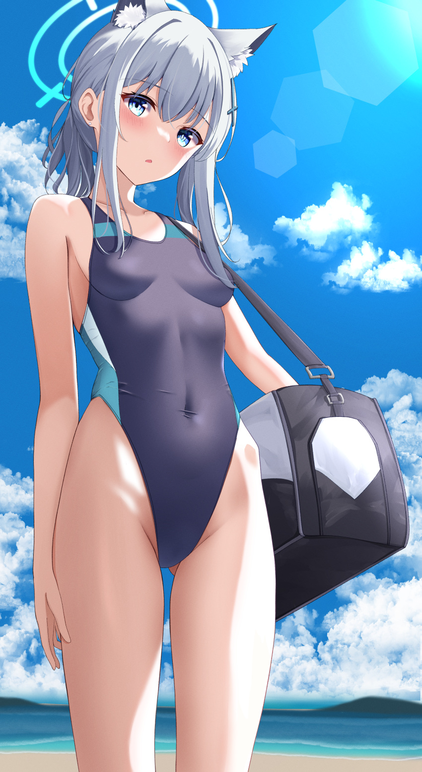 1girl absurdres animal_ear_fluff animal_ears bag bangs beach black_one-piece_swimsuit blue_archive blue_eyes breasts commentary_request competition_swimsuit covered_navel cowboy_shot cross_hair_ornament extra_ears grey_hair hair_ornament halo hibika highleg highleg_swimsuit highres low_ponytail medium_hair mismatched_pupils mountainous_horizon multicolored_clothes multicolored_swimsuit one-piece_swimsuit shiroko_(blue_archive) shiroko_(swimsuit)_(blue_archive) small_breasts solo swimsuit