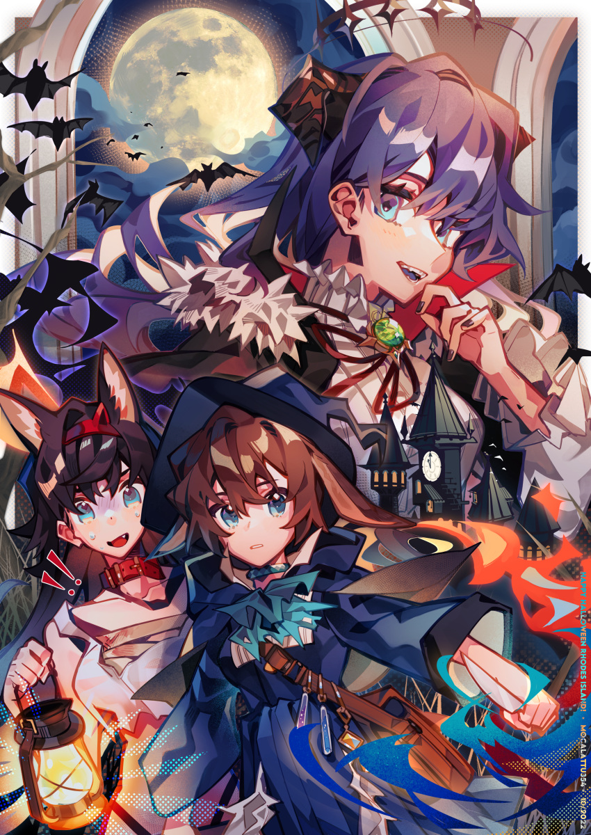 ! !! 3girls absurdres amiya_(arknights) animal_collar animal_ear_fluff animal_ears arknights bat_(animal) black_cape black_hair black_nails blaze_(arknights) blue_dress blue_eyes blue_hair blue_headwear blue_tongue brooch brown_bag brown_hair cape cat_ear_hairband cat_ears cloud collar colored_tongue commentary crop_top dark_halo demon_horns dress fake_animal_ears fang fingernails floppy_ears full_moon hair_between_eyes halloween halo happy_halloween hat highres holding holding_lantern hood hood_down hooded_dress horns jewelry lantern long_hair long_sleeves looking_at_viewer mokkun354 moon mostima_(arknights) multiple_girls nail_polish neck_ribbon open_mouth parted_lips rabbit_ears red_ribbon ribbon shirt short_hair sweatdrop teeth tongue vampire_costume vial white_shirt witch witch_hat