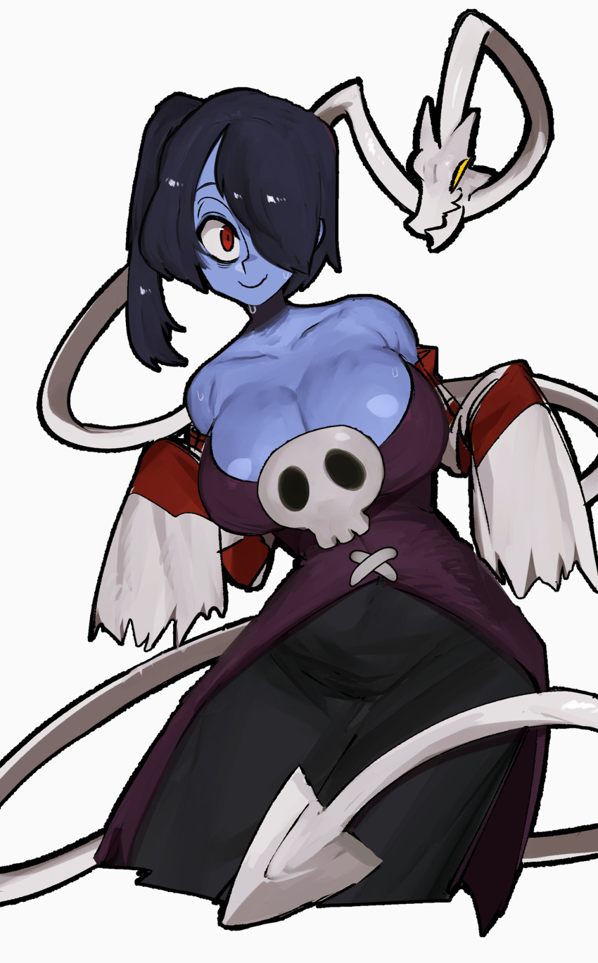 1boy 1girl absurdres black_dress black_hair blue_skin breasts cleavage colored_skin dress hair_over_one_eye highres large_breasts leviathan_(skullgirls) mano_(manobece) multicolored_clothes multicolored_dress multicolored_sleeves ponytail purple_dress red_eyes red_sleeves skull skullgirls squigly_(skullgirls) striped_sleeves undead white_background white_sleeves wide_hips zombie