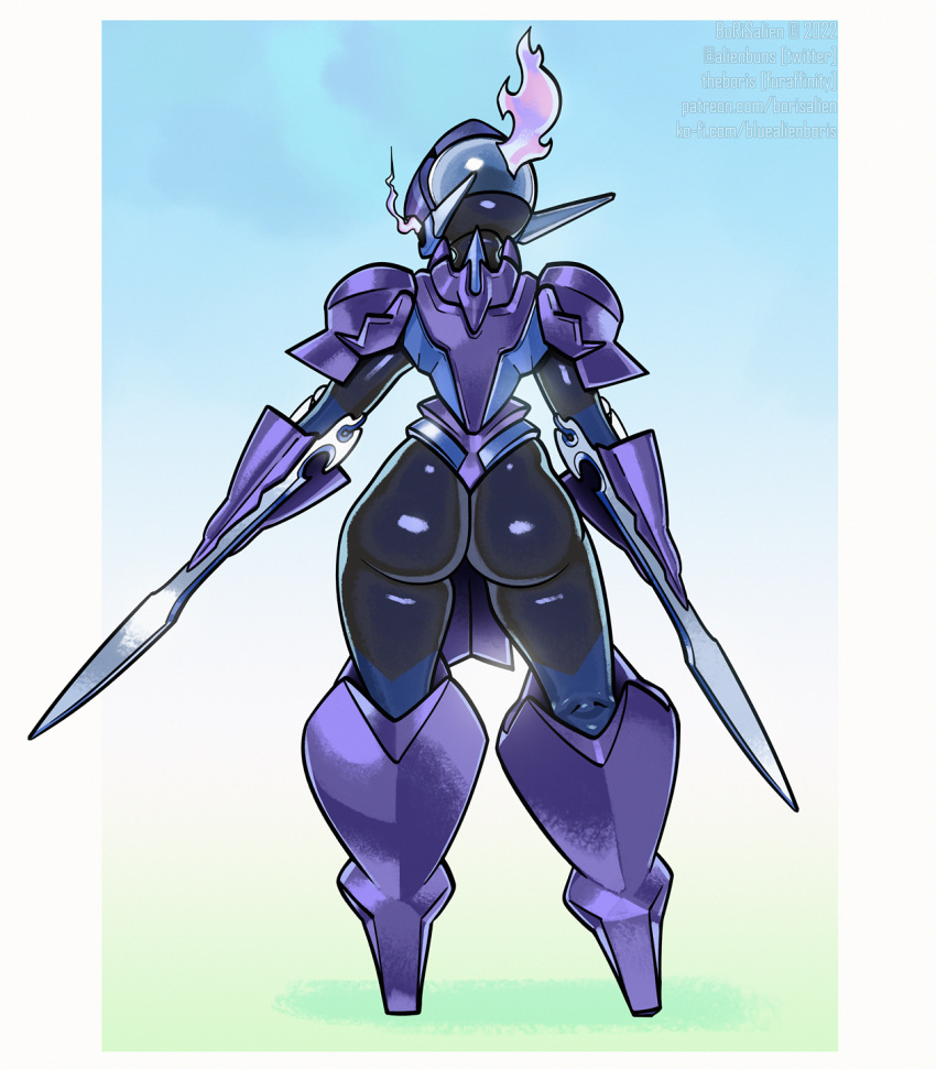 ambiguous_gender armor black_body blade blade_arm borisalien bottomless butt ceruledge clothed clothing generation_9_pokemon hi_res humanoid nintendo pokemon pokemon_(species) rear_view solo thick_thighs video_games