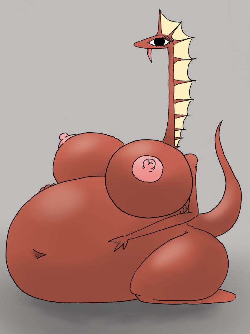 anthro areola belly big_belly big_breasts breasts dinosaur eyelashes female hage hi_res huge_breasts huge_hips huge_thighs hyper hyper_belly hyper_breasts larger_female looking_at_viewer navel pink_areola red_body red_tail reptile scalie size_difference solo thick_thighs tongue tongue_out yellow_body