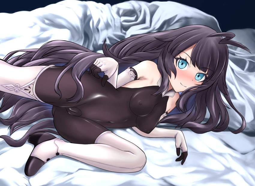 1girl ahoge aqua_eyes bangs bare_shoulders bed bed_sheet black_gloves black_hair blush bodystocking boots breasts commentary_request commission covered_navel covered_nipples elbow_gloves fingerless_gloves foot_out_of_frame girls'_frontline gloves high_heel_boots high_heels highres layered_gloves long_hair looking_at_viewer lying medium_breasts mochizuki_kazuto navel official_alternate_costume on_bed on_side skeb_commission smile solo stechkin_(girls'_frontline) stechkin_(miss_camellia's_special_service)_(girls'_frontline) thigh_boots very_long_hair white_footwear white_gloves