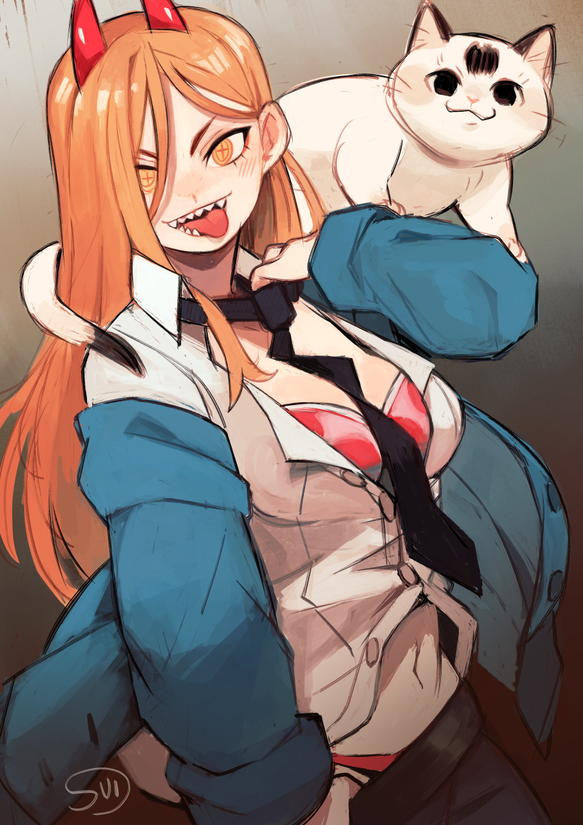 1girl absurdres animal_on_shoulder bangs between_breasts black_necktie blue_jacket blush bra breasts cat cat_on_shoulder chainsaw_man collared_shirt grey_background hair_between_eyes highres jacket jacket_partially_removed long_hair looking_at_viewer medium_breasts meowy_(chainsaw_man) midriff_peek necktie necktie_between_breasts orange_hair partially_unbuttoned power_(chainsaw_man) sharp_teeth shirt simple_background sui_(suizilla) teeth tongue tongue_out unbuttoned underwear undressing white_shirt yellow_eyes