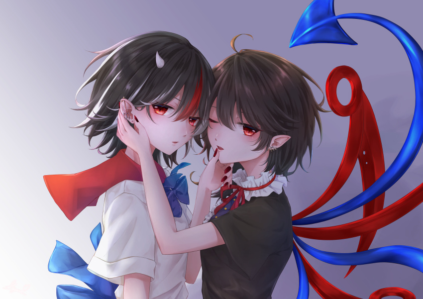 2girls absurdres ahoge black_hair blue_bow blue_bowtie bow bowtie commentary cross cross_earrings earrings face-to-face grey_background hand_on_another's_cheek hand_on_another's_chin hand_on_another's_face highres horns houjuu_nue jewelry kijin_seija looking_at_viewer miyuna multicolored_hair multiple_earrings multiple_girls nail_polish neck_ribbon one_eye_closed parted_lips pointy_ears polearm red_eyes red_nails red_ribbon ribbon sailor_collar short_hair short_sleeves streaked_hair stud_earrings touhou trident upper_body waist_bow weapon wings yuri