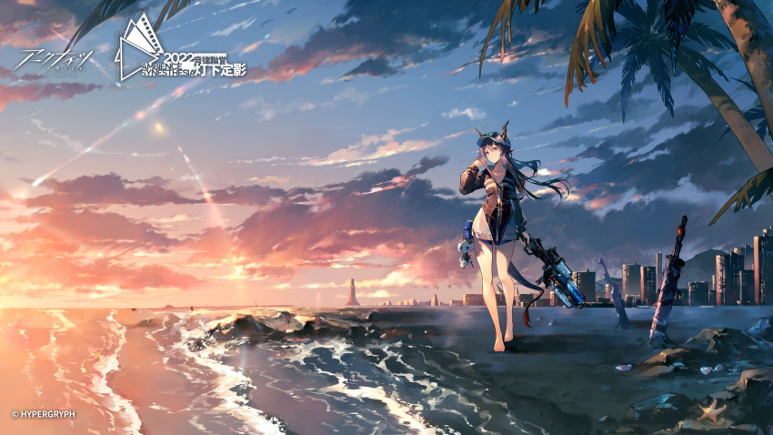 1girl ambience_synesthesia arknights bare_legs barefoot baseball_cap beach black_jacket blue-tinted_eyewear blue_hair ch'en_(arknights) ch'en_the_holungday_(arknights) city cloud cloudy_sky collarbone commentary copyright_name dragon_girl dragon_horns dragon_tail expressionless eyewear_on_headwear fanny_pack full_body gun hand_in_own_hair hat highres holding holding_gun holding_weapon horns jacket kagura_tohru lighthouse logo long_hair looking_afar ocean official_alternate_costume official_art orange_sky palm_tree planted planted_sword sidelocks sky solo sunglasses sunset sword tail tinted_eyewear tree watermark weapon white_headwear