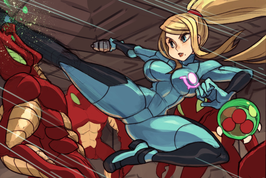 1girl alex_ahad alien blonde_hair blue_eyes bodysuit breasts flying_kick gun handgun highres in_the_face kicking metroid metroid_(creature) midair mole mole_under_eye motion_blur narrow_waist parted_lips ponytail samus_aran serious skin_tight solo_focus space_pirate_(metroid) speed_lines thick_thighs thighs unaligned_breasts weapon zero_suit