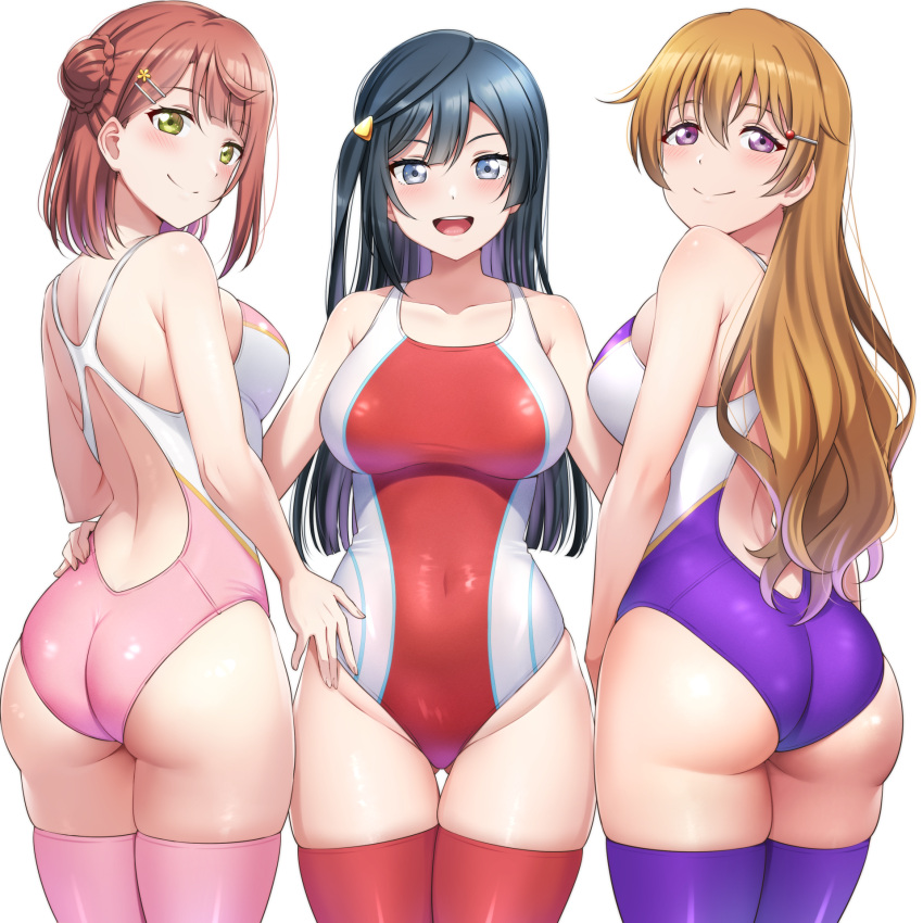 3girls :d ass ass_visible_through_thighs back black_hair blush breasts brown_hair closed_mouth competition_swimsuit covered_navel dot_nose from_behind grey_eyes groin hair_bun hair_ornament hairclip hand_on_another's_hip highres konoe_kanata large_breasts long_hair looking_at_viewer love_live! love_live!_nijigasaki_high_school_idol_club medium_breasts mibushiro multiple_girls one-piece_swimsuit one_side_up open_mouth pink_one-piece_swimsuit pink_theme purple_eyes purple_one-piece_swimsuit purple_thighhighs racerback red_hair red_one-piece_swimsuit red_thighhighs short_hair simple_background skindentation smile straight_hair swimsuit teeth thighhighs thighs two-tone_swimsuit uehara_ayumu upper_teeth wavy_hair white_background yellow_eyes yuuki_setsuna_(love_live!)