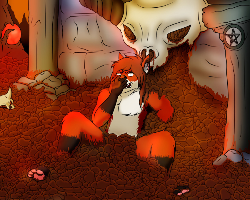 anthro bone canid canine d_kenmason death-toaster demonic detailed_background disgust feces feces_everywhere feces_in_hair feces_on_arm feces_on_body feces_on_feet feces_on_hand feces_on_leg feces_on_shoulder feet filth fox fur hair hell holding_nose lying_in_feces male mammal orange_body orange_fur pawpads pentagram pillar pink_pawpads red_fox scat skull smelly solo white_body white_chest white_fur