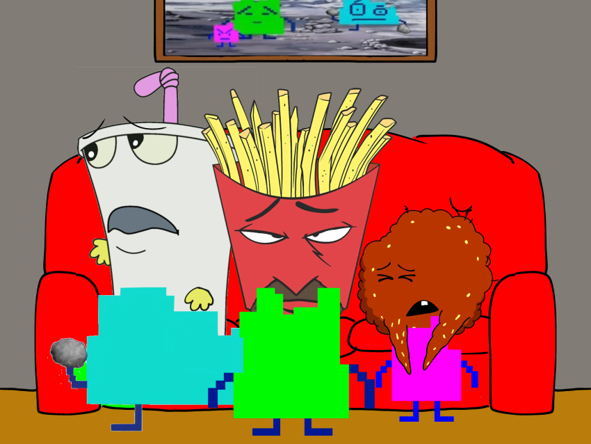 adult_swim alien aqua_teen_hunger_force cartoon_network cliff_(character) container cup err_(athf) eyes_closed food fries frylock furniture hi_res ignignokt inanimate_object looking_up mammal master_shake meat meatwad meme mooninite narrowed_eyes photo_frame red_sofa sofa unknown_artist who's_getting_the_best_head?
