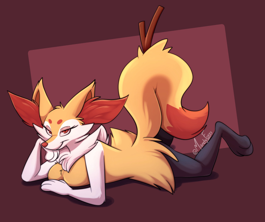 2022 absurd_res anthro bedroom_eyes braixen female generation_6_pokemon hi_res inner_ear_fluff looking_at_viewer lying mandyfoxy narrowed_eyes nintendo on_front pokemon pokemon_(species) red_eyes seductive signature simple_background solo stick tuft video_games