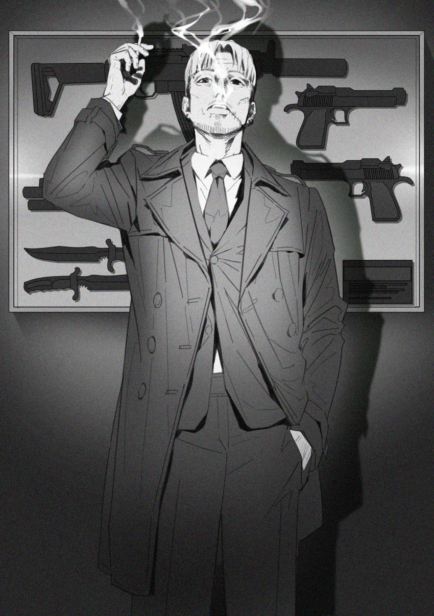 1boy battle_rifle beard black_coat black_jacket black_necktie chainsaw_man cigarette coat earrings facial_hair formal grey_background greyscale gun hand_in_pocket handgun highres holding holding_cigarette jacket jewelry kishibe_(chainsaw_man) knife looking_at_viewer looking_up m14 monochrome necktie rifle scar scar_on_cheek scar_on_face short_hair shotgun smoke smoking solo stitched_face stitched_mouth stitches suit take_bayashi_3d weapon weapon_on_wall white_hair