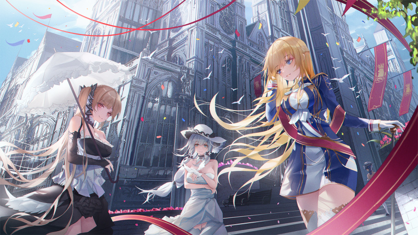 4girls architecture arm_under_breasts azur_lane bare_shoulders between_breasts bird bird_on_hand black_dress black_ribbon blonde_hair blue_dress blue_eyes blue_sky breasts cleavage cleavage_cutout clothing_cutout confetti detached_collar dress flag floating_hair flower formidable_(azur_lane) frilled_dress frills glorious_(azur_lane) gloves gold_trim gothic_architecture gothic_lolita hand_on_hilt hat highres huge_breasts illustrious_(azur_lane) lace_trim large_breasts light_brown_hair light_smile lolita_fashion long_hair looking_at_viewer microdress multiple_girls outdoors pink_flower red_eyes red_ribbon ribbon royal_navy_(emblem) shoulder_cutout sky strapless strapless_dress sun_hat thighhighs turbulence twintails two-tone_dress two-tone_ribbon very_long_hair white_bird white_dress white_gloves white_hair white_headwear white_ribbon white_thighhighs wind wind_lift zettai_ryouiki
