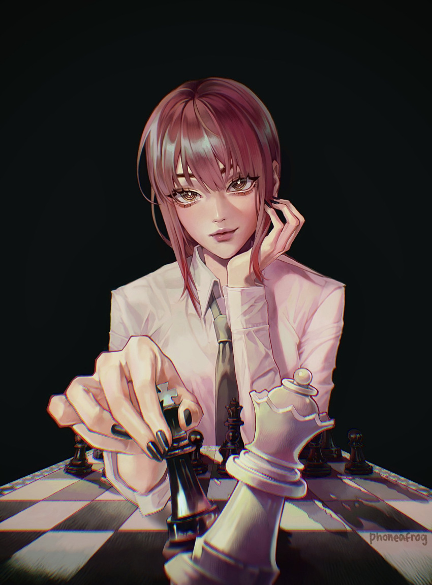 1girl artist_name bangs black_background black_nails black_necktie board_game chainsaw_man chess chess_piece chessboard collared_shirt dark_background head_on_hand highres king_(chess) looking_at_viewer makima_(chainsaw_man) medium_hair nail_polish necktie phoneafrog playing pov queen_(chess) red_hair ringed_eyes rook_(chess) shirt simple_background solo white_shirt yellow_eyes