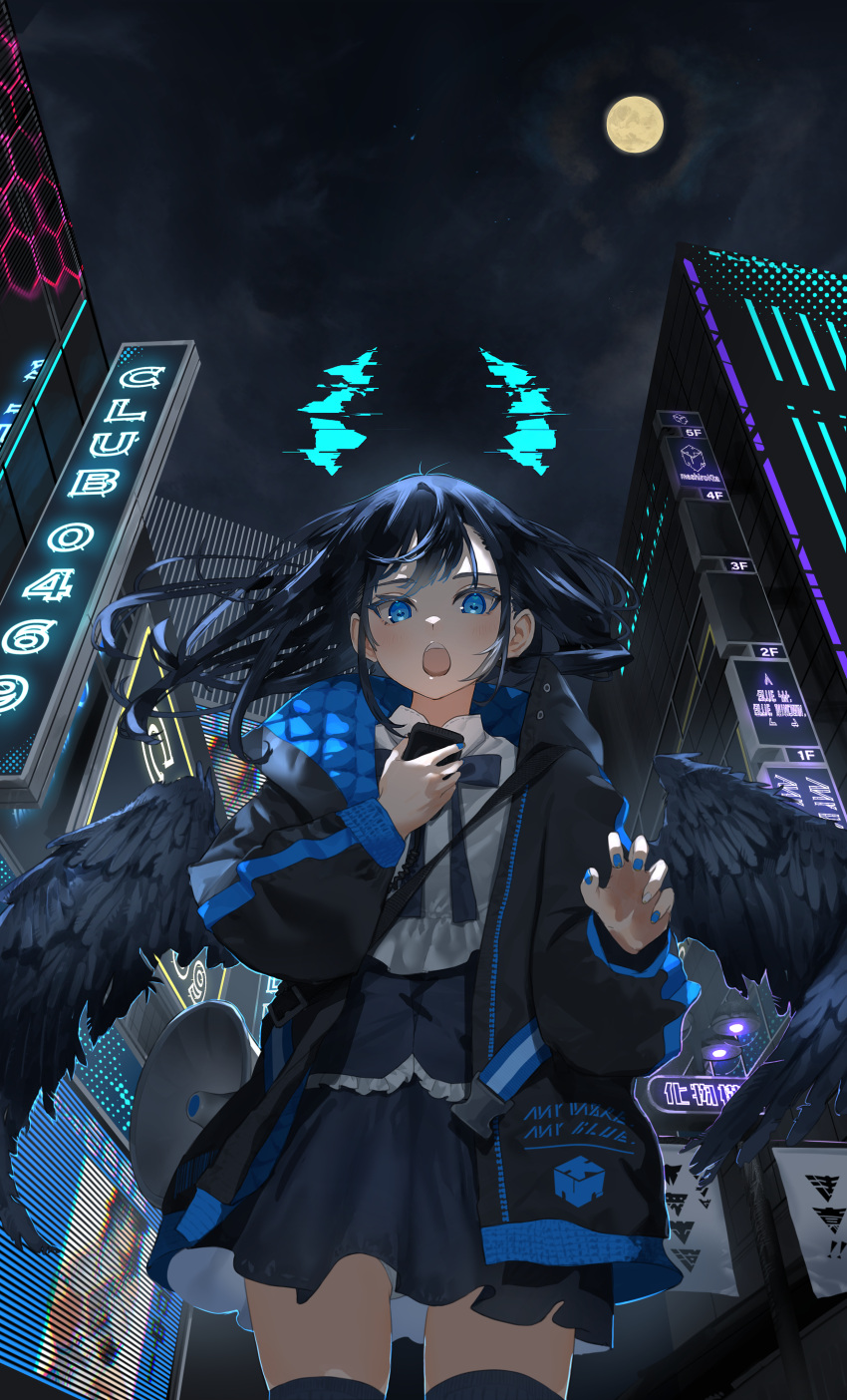 1girl absurdres bangs black_hair black_jacket black_skirt black_wings blue_eyes blue_jacket blue_nails building city collared_shirt facing_viewer fake_horns feathered_wings full_moon hands_up highres holding holographic_horns horns jacket long_hair looking_at_viewer mashiro_kta megaphone moon multicolored_clothes multicolored_jacket nail_polish neon_lights night open_mouth original outdoors padded_jacket shirt skirt solo thighhighs two-tone_jacket wings yellow_moon