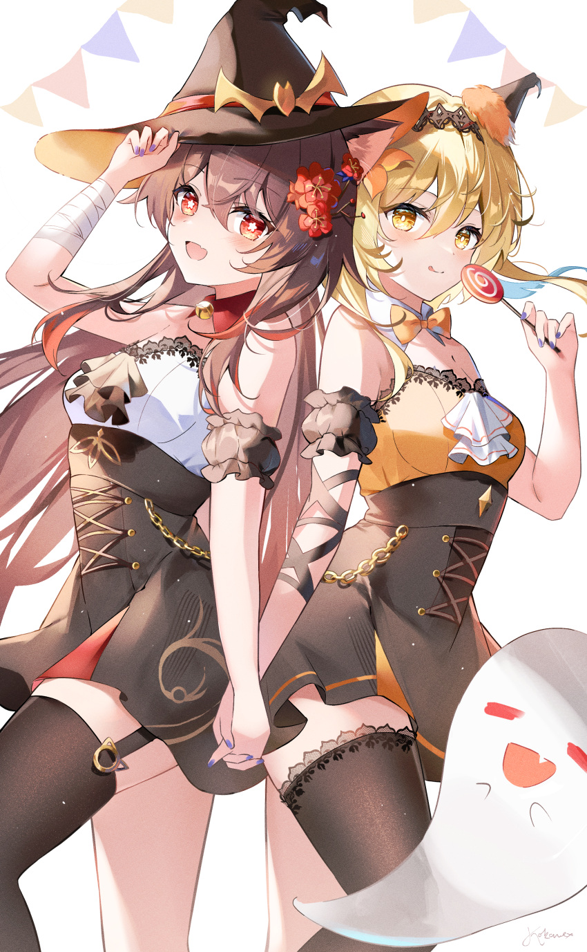 2girls :d :q absurdres alternate_costume arm_garter back-to-back bandaged_wrist bandages bare_shoulders bell black_hairband black_thighhighs blonde_hair boo_tao_(genshin_impact) bow bowtie breasts brown_hair brown_headwear candy cleavage detached_collar dress flower flower-shaped_pupils food garter_straps genshin_impact hair_between_eyes hair_flower hair_ornament hairband halloween_costume hat highres holding holding_food hu_tao_(genshin_impact) interlocked_fingers jingle_bell kokonex lace-trimmed_legwear lace_trim lollipop looking_at_viewer lumine_(genshin_impact) multicolored_clothes multicolored_dress multiple_girls nail_polish neck_bell open_mouth orange_bow orange_bowtie plum_blossoms purple_nails red_eyes red_flower signature simple_background single_thighhigh sleeveless sleeveless_dress smile symbol-shaped_pupils thighhighs thighs tongue tongue_out white_background witch_hat yellow_eyes zettai_ryouiki